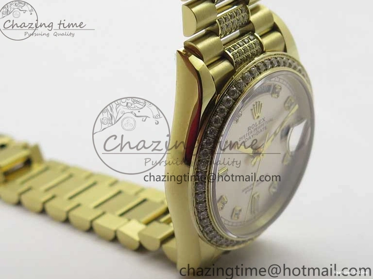 0212 DailyWear Day-Date 36mm 128235 YG Crystal BP Best Edition Silver Crystal Marker Dial on YG President Bracelet A 2676